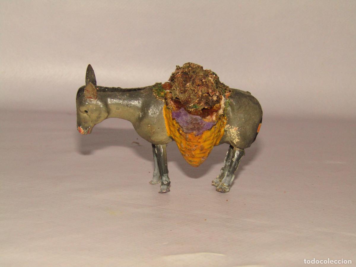 Figuras de Bel&eacute;n: Antigua Figura de Bel&eacute;n BURRO con Alforjas en Terracota Policromada con Patas y Orejas de Metal