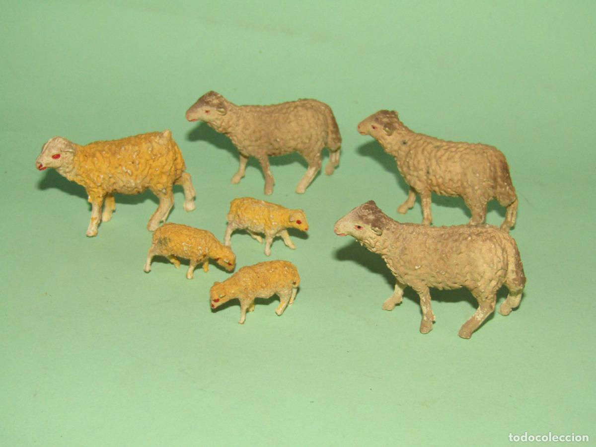 Figuras de Bel&eacute;n: Antiguo Lote de Ovejas Corderos Figuras de Bel&eacute;n en Goma de PECH