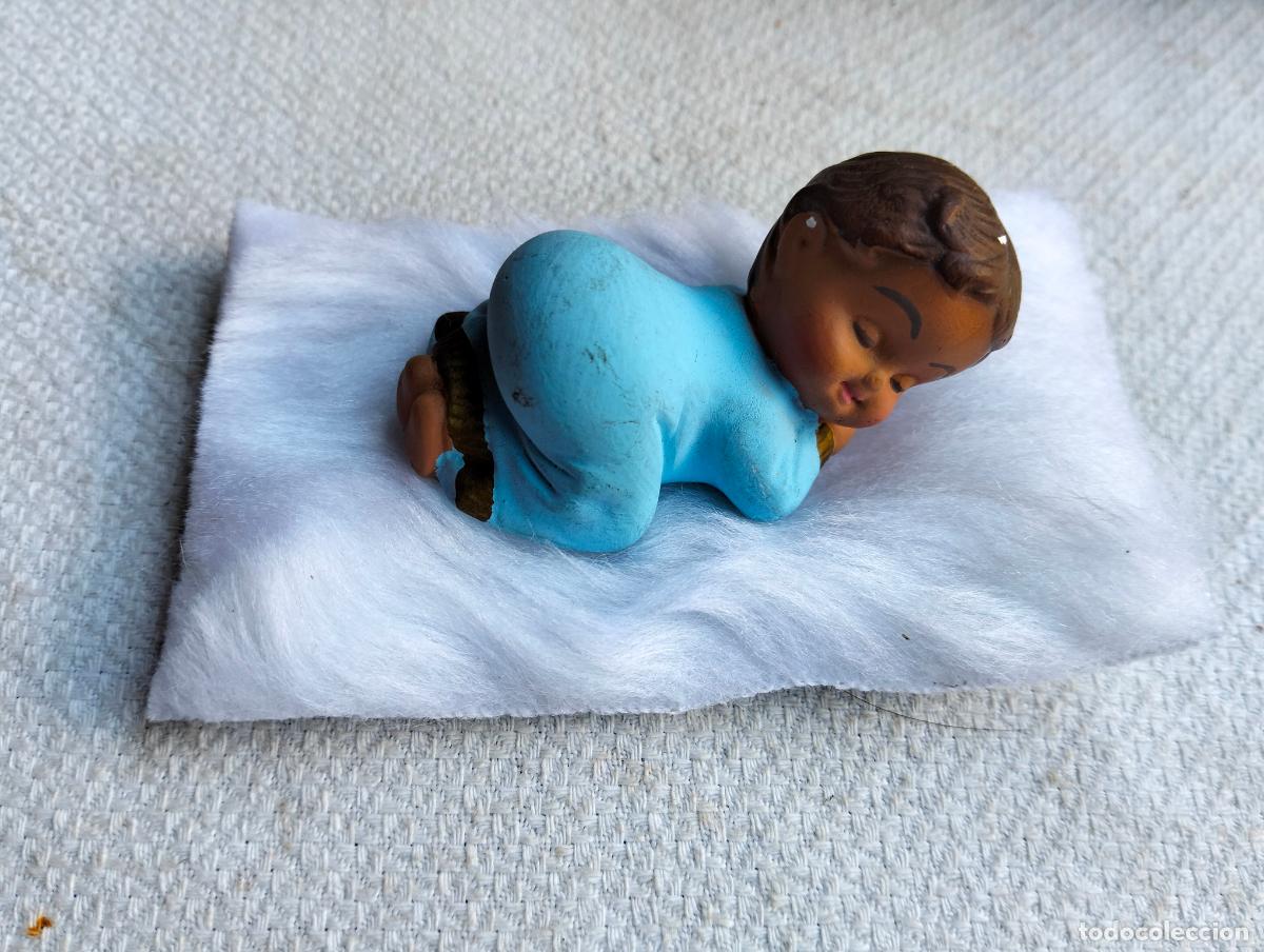 Statuine di Presepe: Figura del ni&ntilde;o Jes&uacute;s beb&eacute; durmiendo jesusito dormiente azul con mantita blanca para Bel&eacute;n a&ntilde;os 70