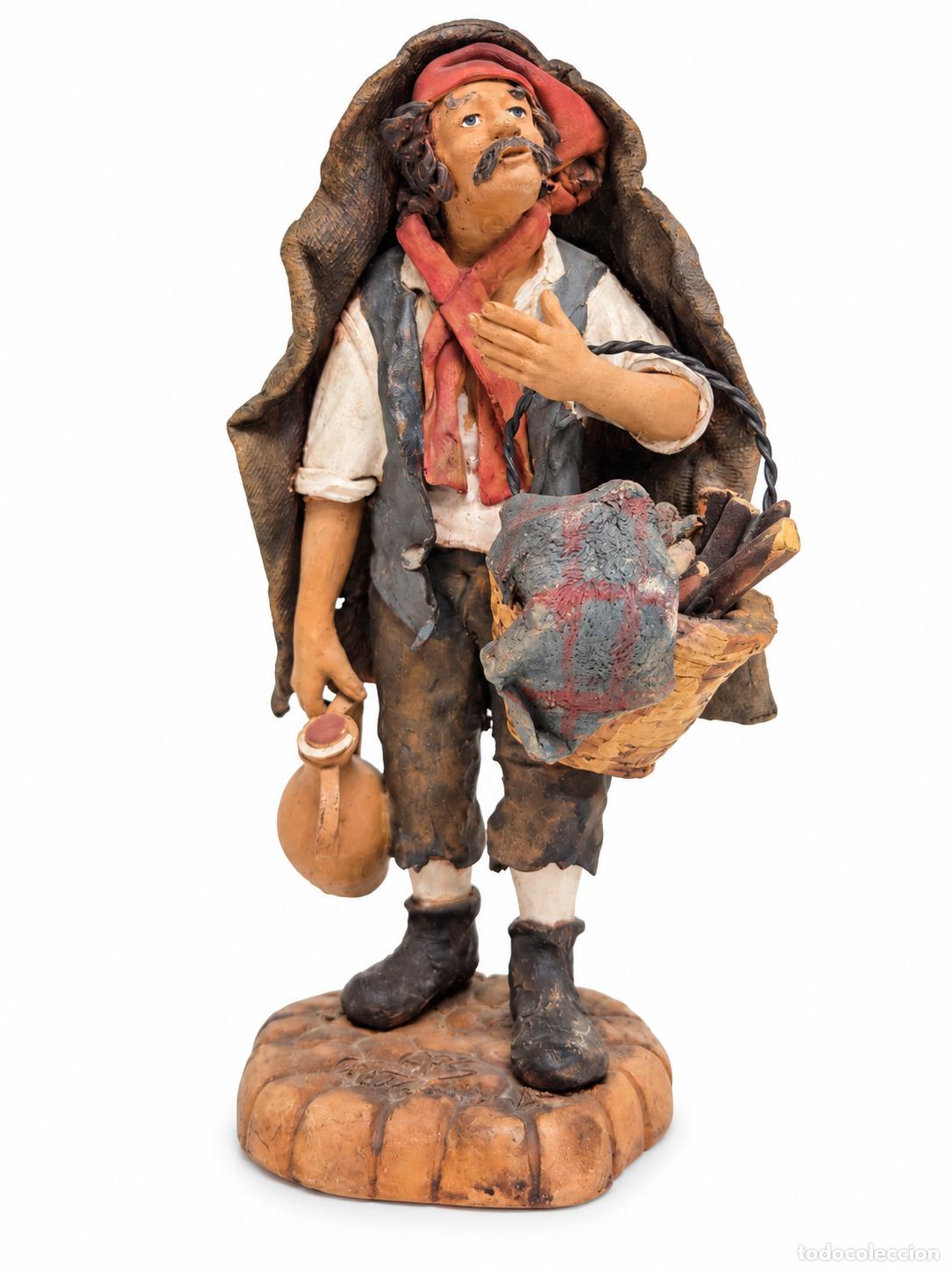 Figuras de Bel&eacute;n: Figura de Bel&eacute;n - Pastor con Le&ntilde;a - Terracota Policromada - Firma ARS Caltagirone, Sicilia