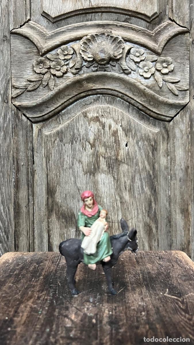 Figuras de Bel&eacute;n: Figura barro Bel&eacute;n antigua mujer turbante ni&ntilde;o montada en burro sin base Murcia ? 11cms