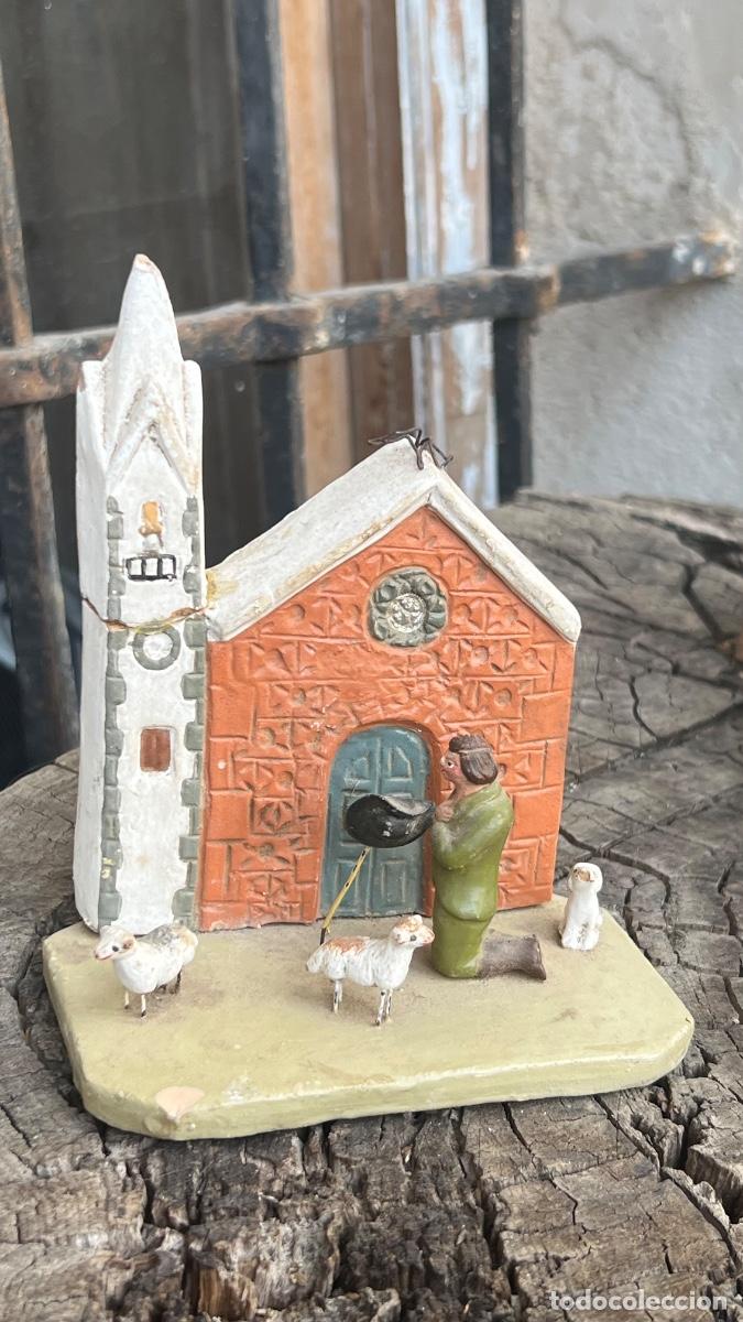 Figuras de Bel&eacute;n: Figura barro Bel&eacute;n antigua pastor hombre ovejas perro rezando iglesia cacharreria murcia