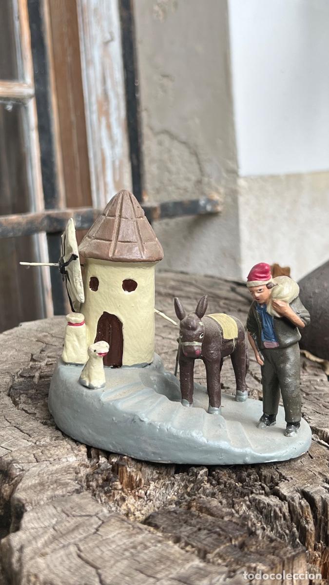 Figuras de Bel&eacute;n: Figura barro Bel&eacute;n antigua hombre molinero saco molino perro burro escaleras cacharreria Murcia