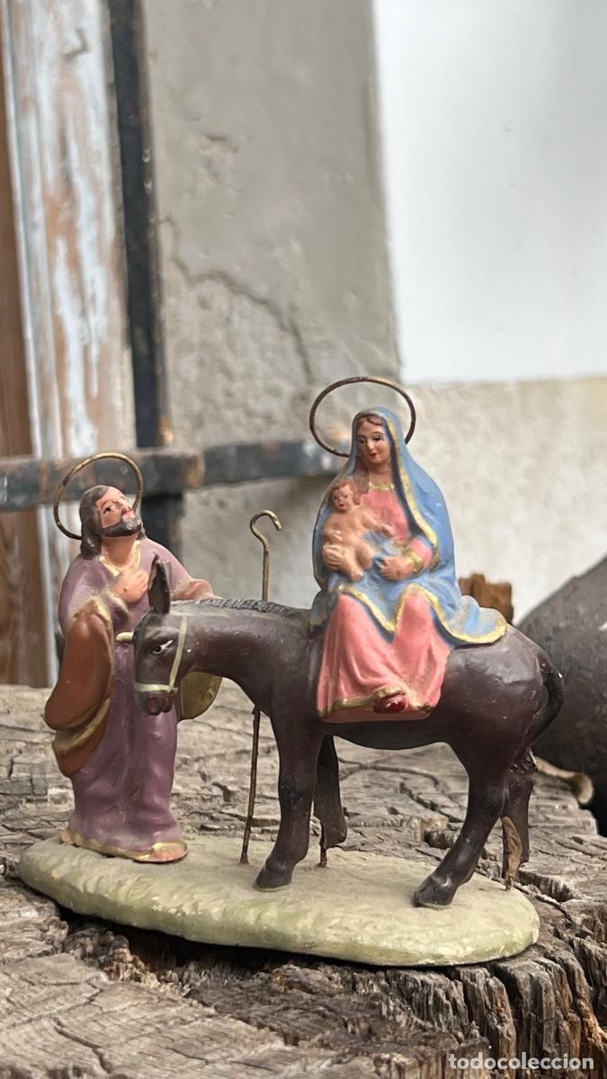 Figuras de Bel&eacute;n: Figura barro Bel&eacute;n antigua huida a Egipto Jos&eacute; Mar&iacute;a ni&ntilde;o Jes&uacute;s burro cacharreria Murcia