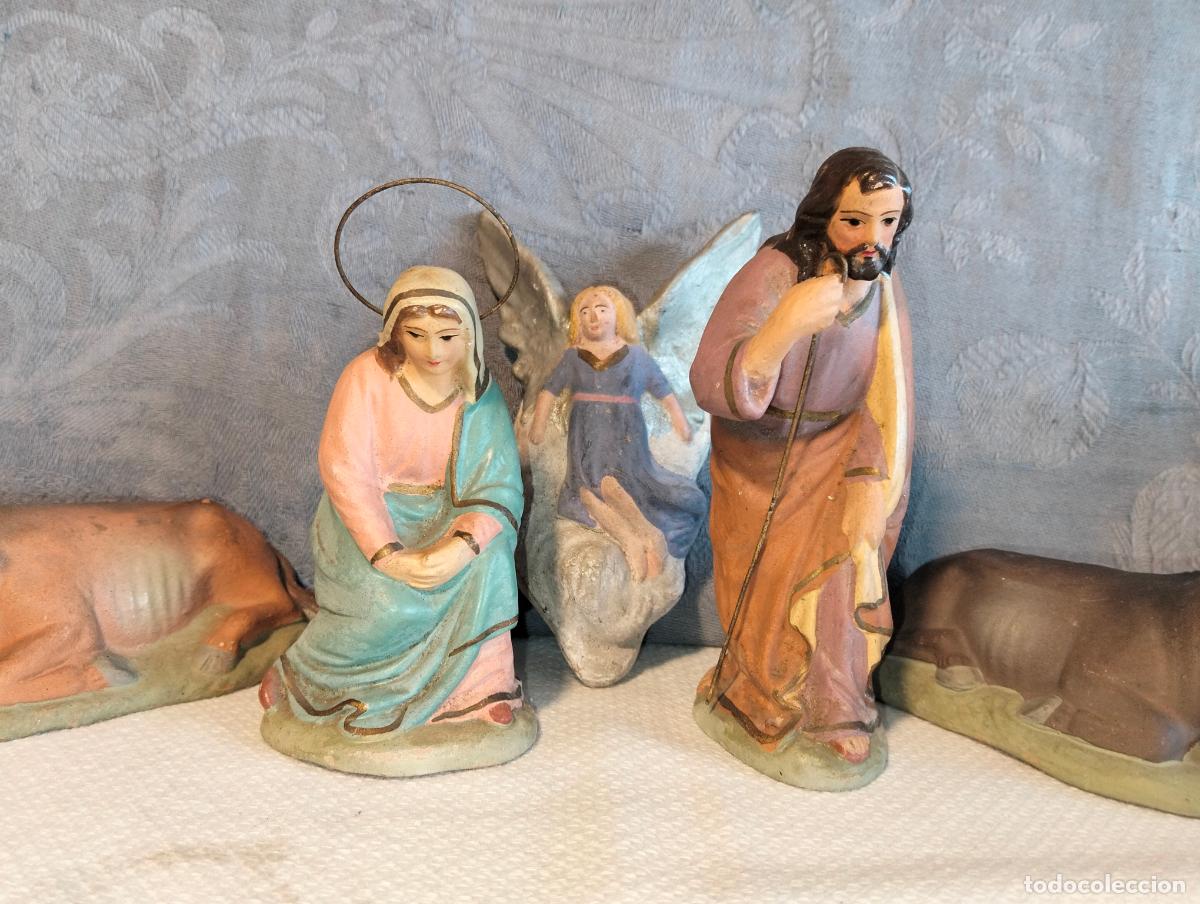 Figuren f&uuml;r Weihnachtskrippen: Figuras de Bel&eacute;n antiguo nacimiento San Jos&eacute; Virgen Maria, &Aacute;ngel burro de terracota de los a&ntilde;os 50