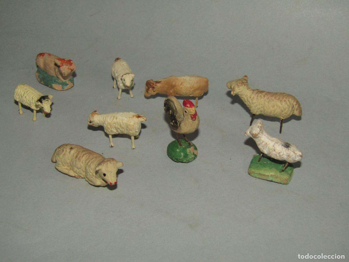 Figuras de Bel&eacute;n: Antiguo Lote de 9 Animales Figuras de Bel&eacute;n en Terracota Policromada