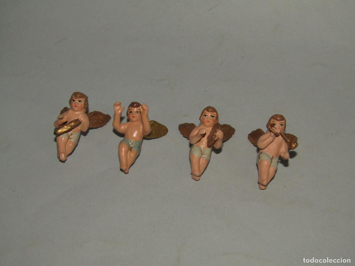 Figuras de Bel&eacute;n: Antiguo Lote de 4 &Aacute;ngeles Querubines M&uacute;sicos para Bel&eacute;n en Terracota Policromada