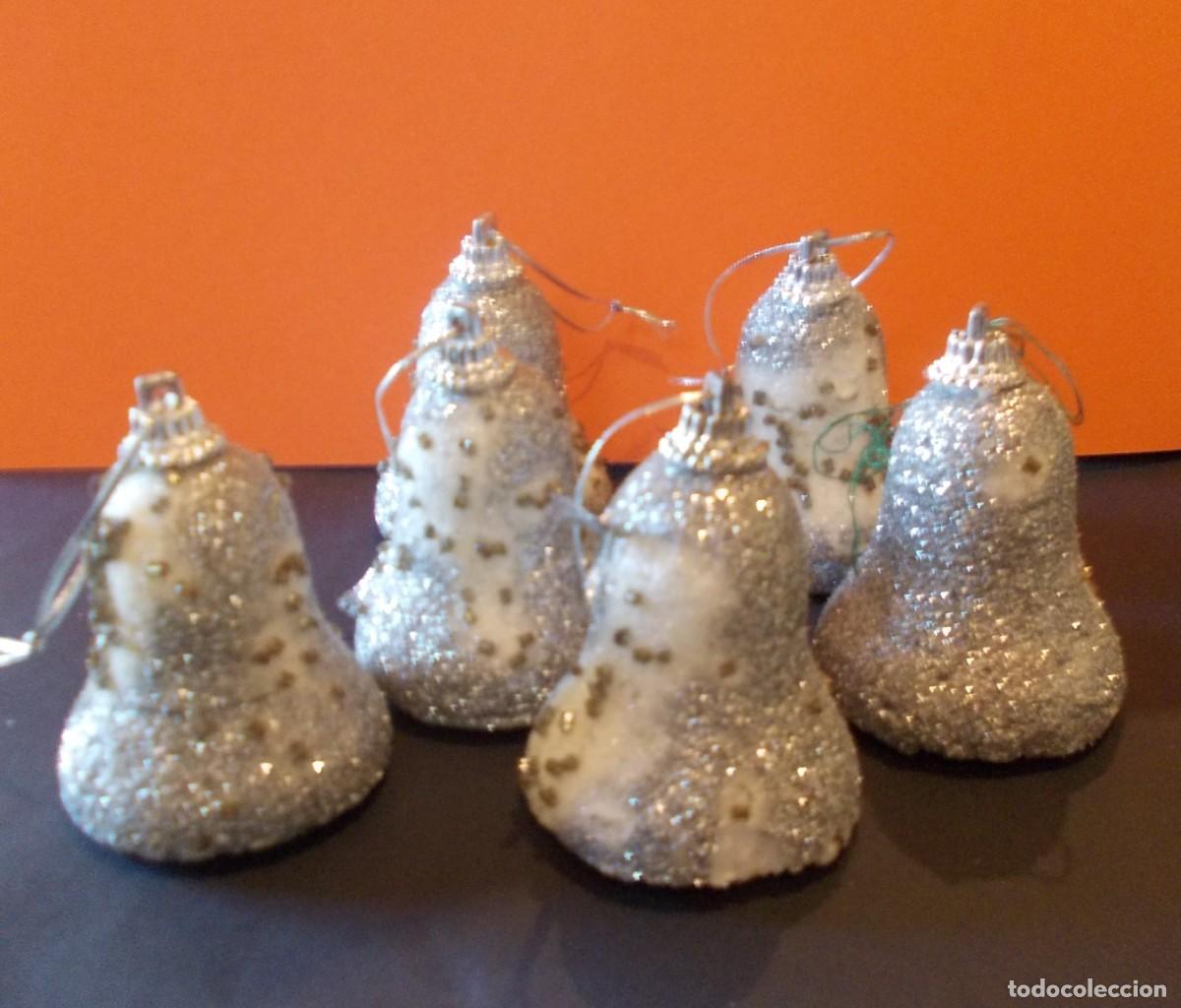 Figures of Bethlehem: Campanas Navidad lote 5 unidades adorno colgar plateado nieve purpurina plata decoracion retro
