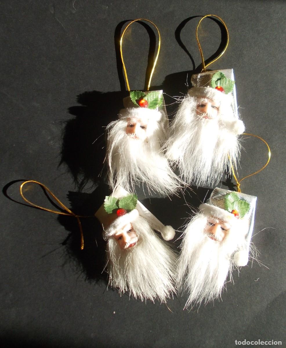 Figuras de Bel&eacute;n: Papa Noel lote 4 adornos Navidad colgar Santa Claus cabeza cara barba pelo tela decoracion arbol