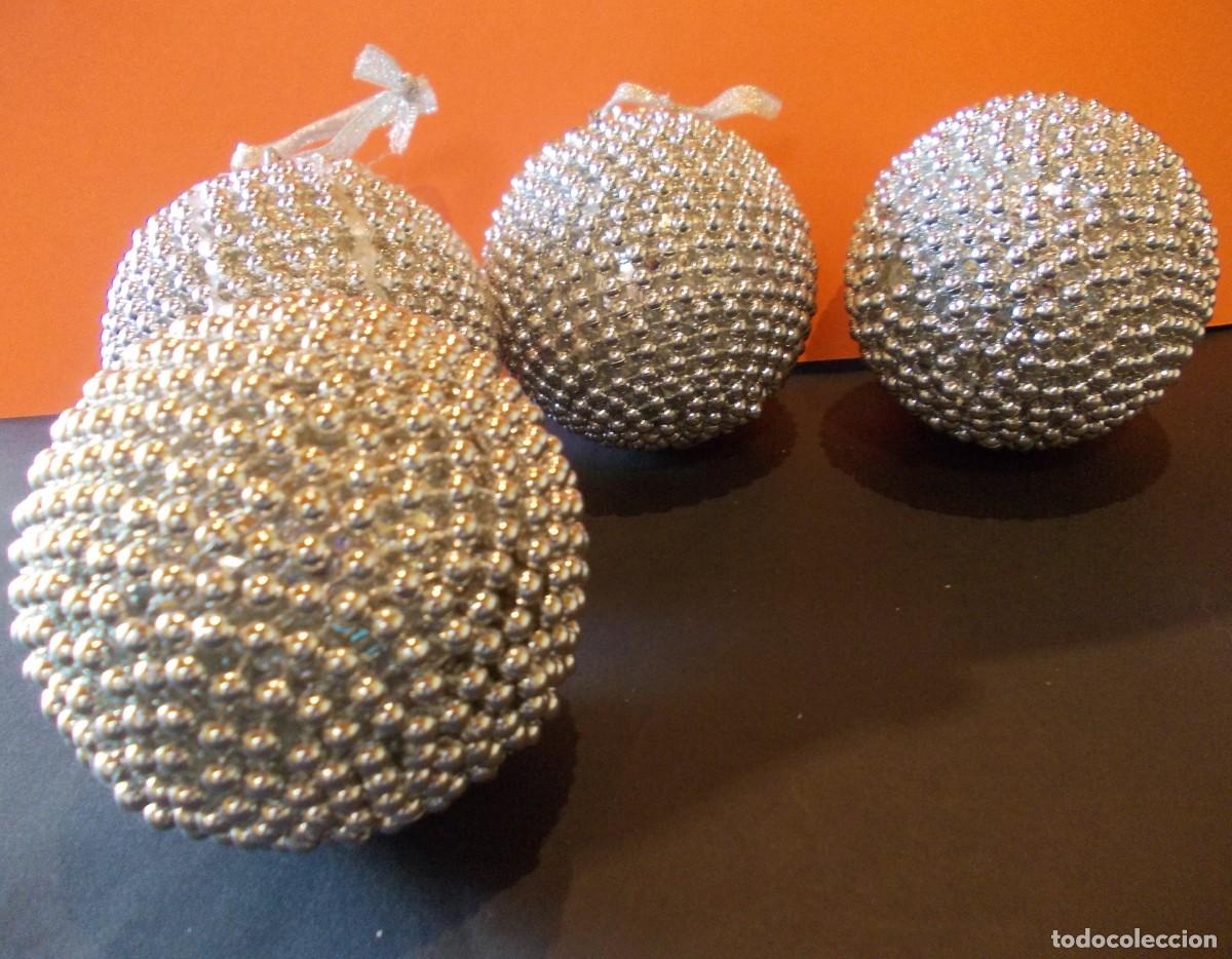 Figuras de Bel&eacute;n: Bolas Navidad lote 4 esferas adorno colgar plateado cuentas abalorios malla brillo decoracion arbol
