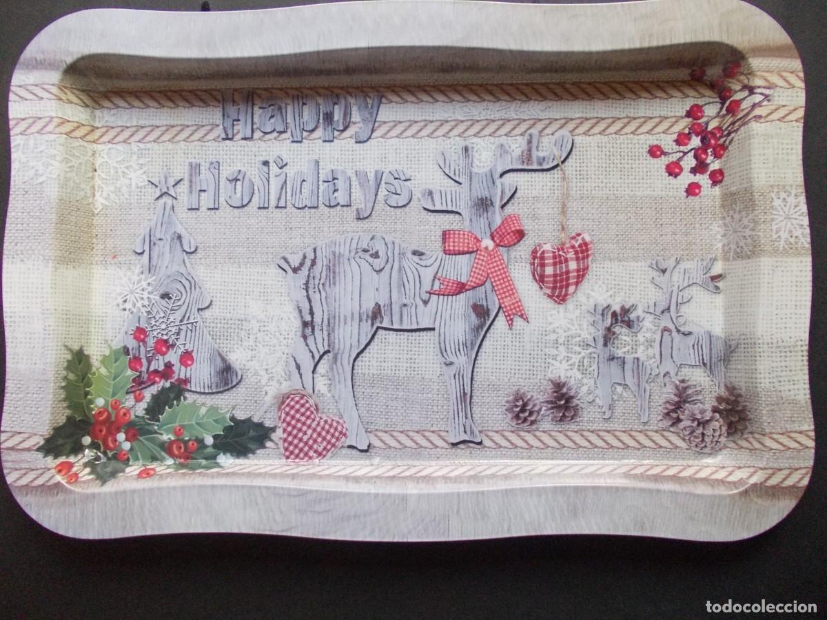 Figuras de Bel&eacute;n: Bandeja publicidad Happy Holidays Navidad r&uacute;stica renos corazones &aacute;rbol decoraci&oacute;n vintage