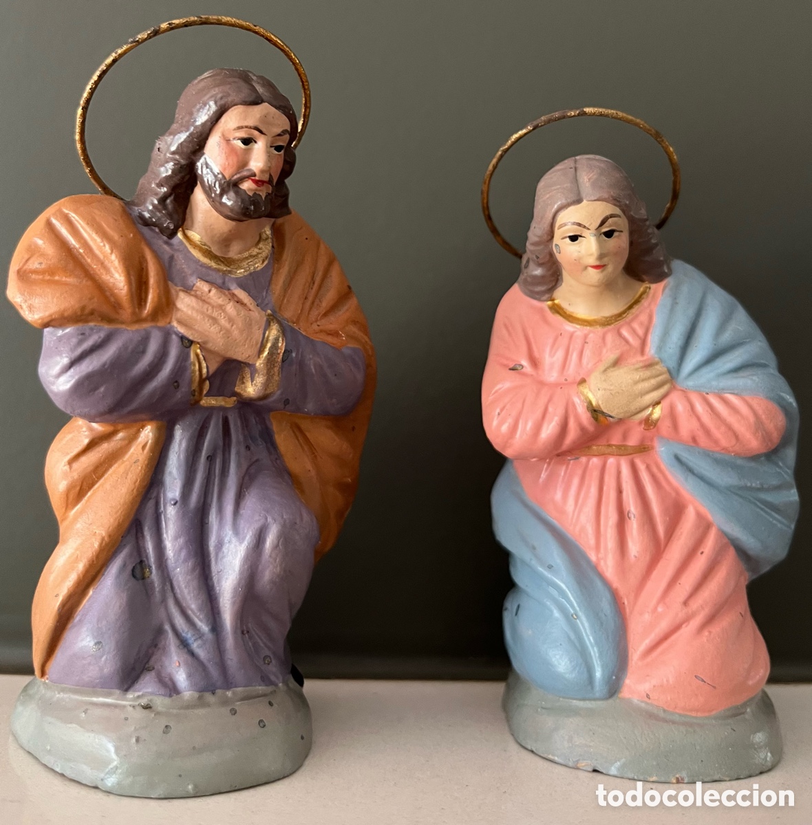 Figuras de Bel&eacute;n: Lote 2 figuras antiguas Bel&eacute;n: S. Jos&eacute; y V.Mar&iacute;a, terracota, pintadas a mano