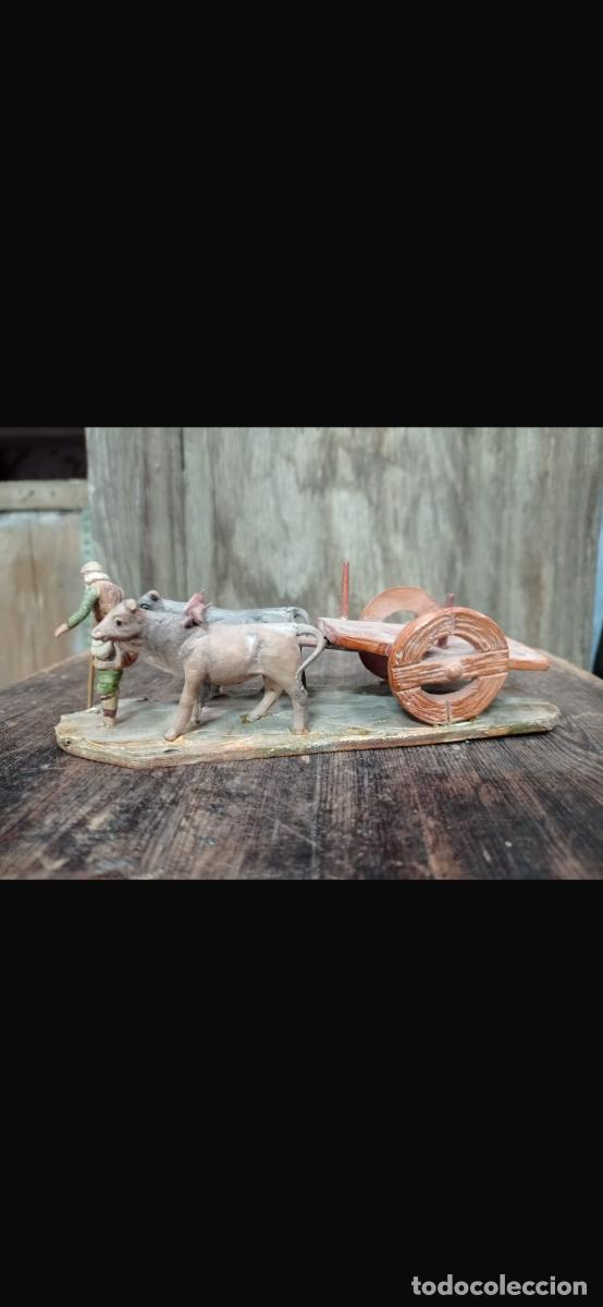 Figuras de Bel&eacute;n: Figura barro Bel&eacute;n Murcia peque&ntilde;a escala arriero junta bueyes carro 6x16cms