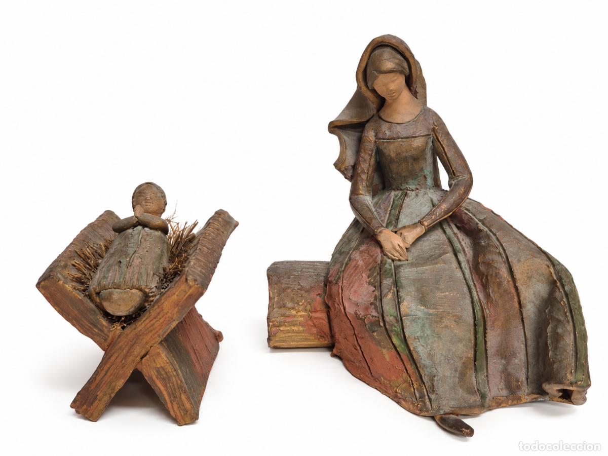 Figuras de Bel&eacute;n: Figuras de Bel&eacute;n - Ni&ntilde;o Jes&uacute;s y la Virgen Mar&iacute;a - Terracota Policromada - Firma C. Olive