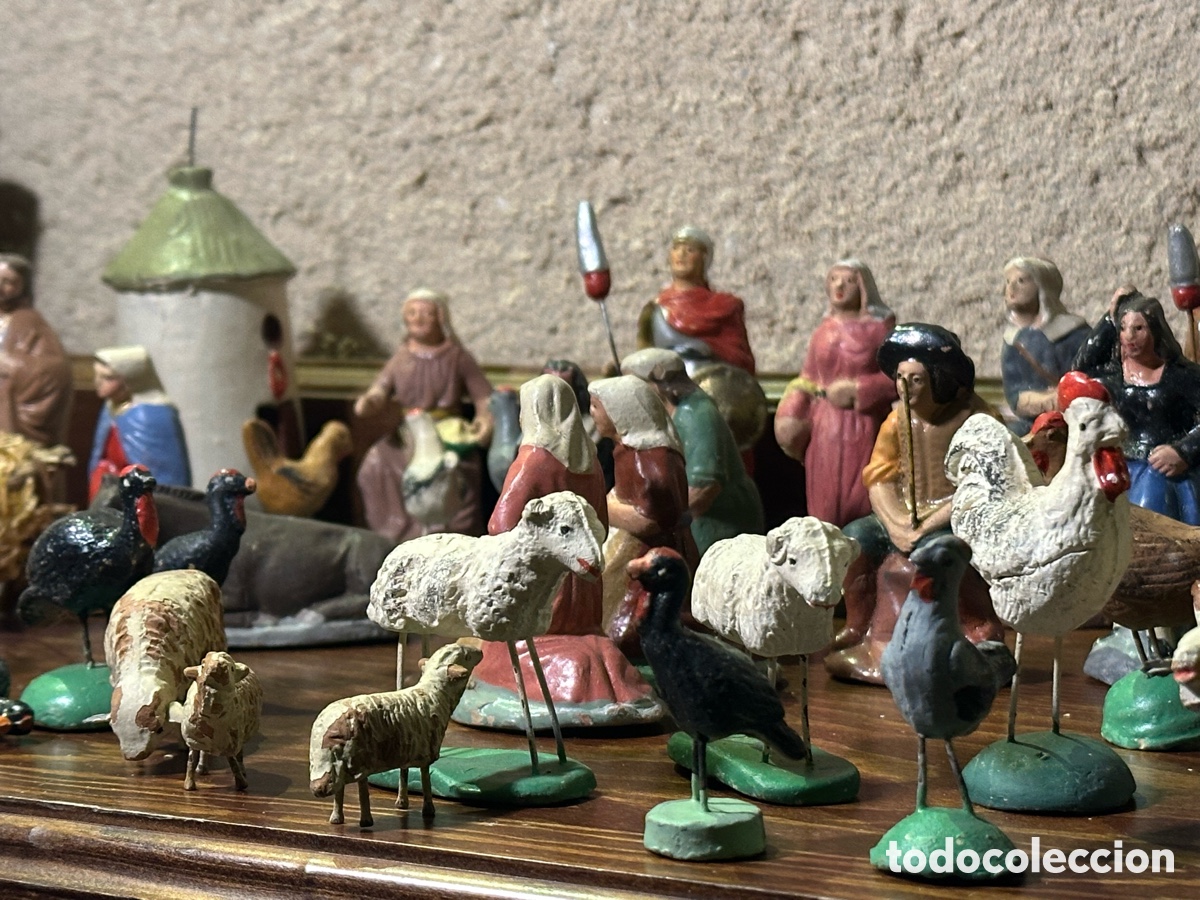 Figuras de Bel&eacute;n: Nacimiento antiguo terracota policromada.M&Aacute;S DE 50. Bel&eacute;n animales oveja Regalo piezas incompletas.