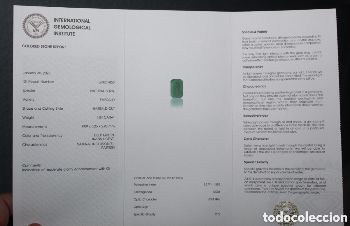 Coleccionismo de gemas: Esmeralda 1.04 con certificado IGI - Foto 2