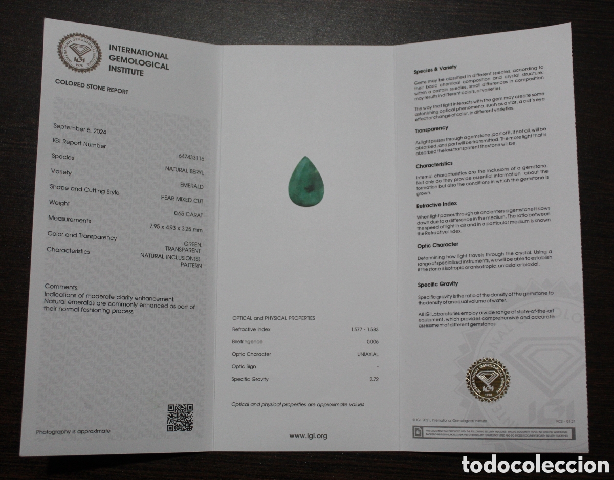 Coleccionismo de gemas: Esmeralda certificada 0.65 quilates. - Foto 2