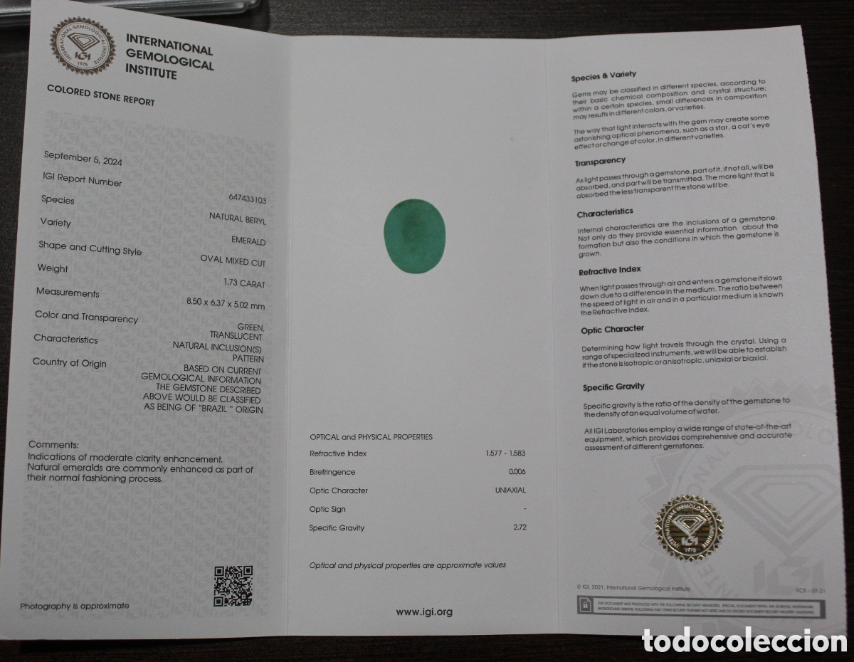 Coleccionismo de gemas: Esmeralda 1.73 certificado IGI. - Foto 2