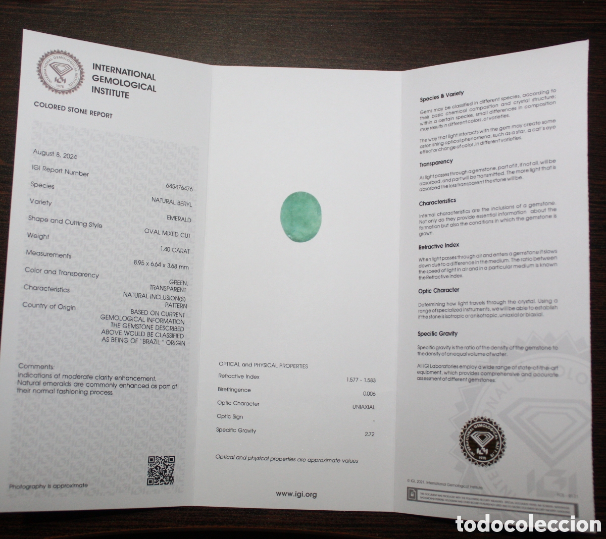 Coleccionismo de gemas: Esmeralda 1.40 certificado IGI. - Foto 2