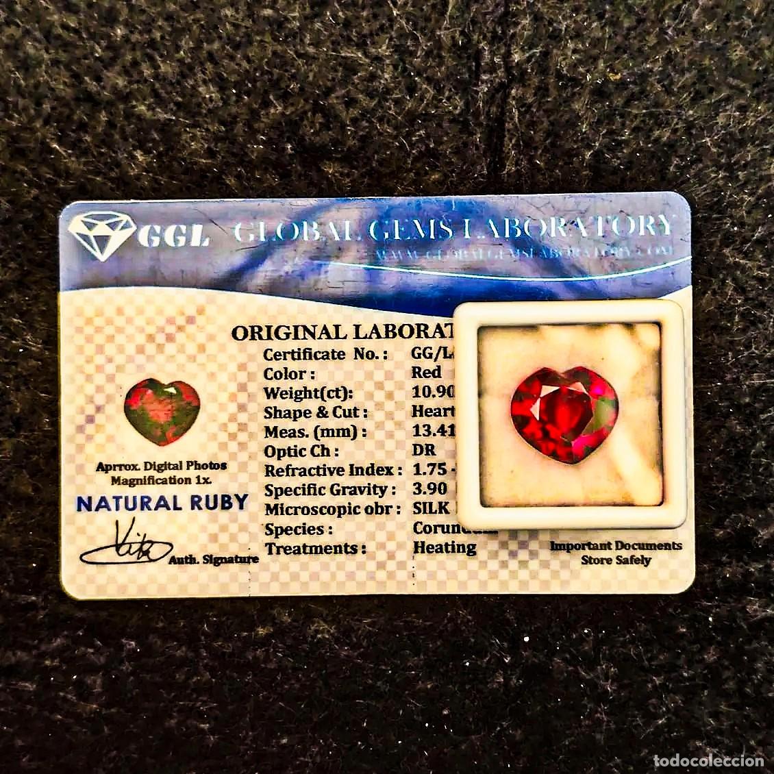 Gem collecting: RUBI NATURAL P. 10,90 CTS ROJO SANGRE CORAZON.CERTIFICADO GGL.MED. 13.41 X 12.13 X 7.38 MM.CALENTADO