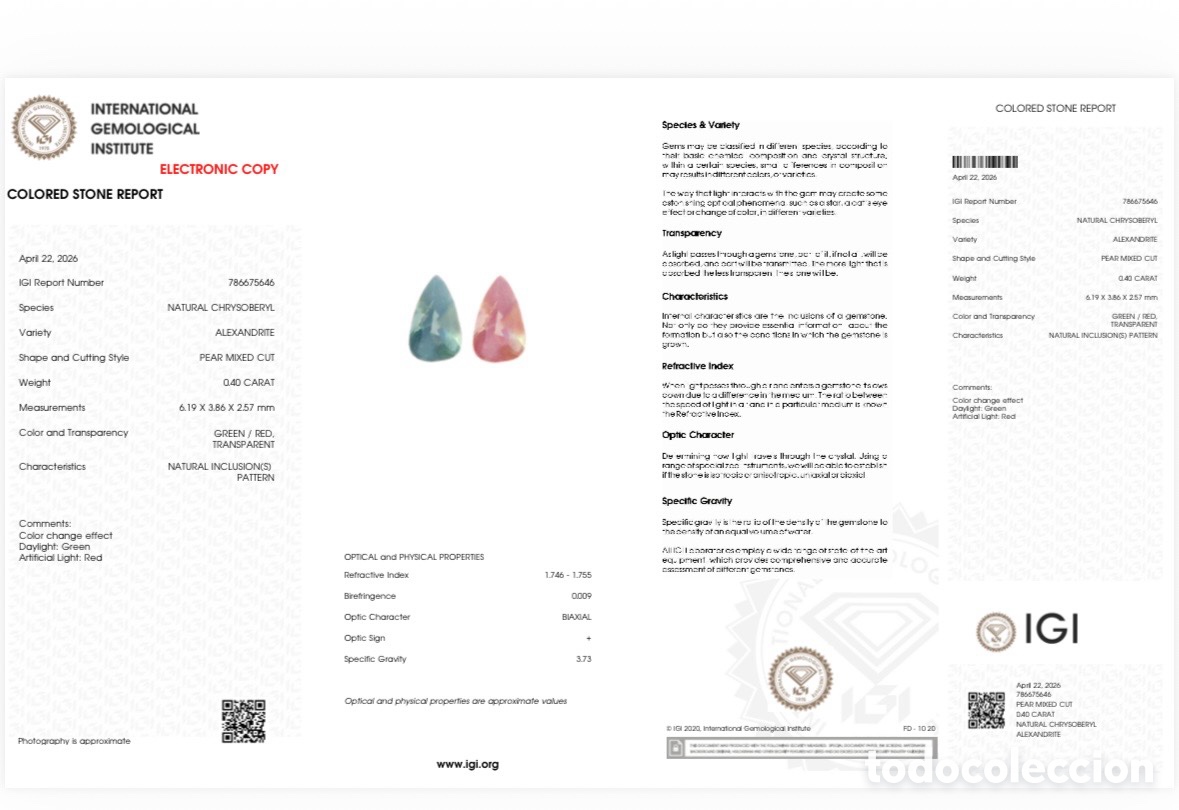 Coleccionismo de gemas: ALEJANDRITA NATURAL 0,40ct (CRISOBERILO) CERTIFICADA IGI N&ordm; 786675646 SIN TRATAR, CAMBIO DE COLOR