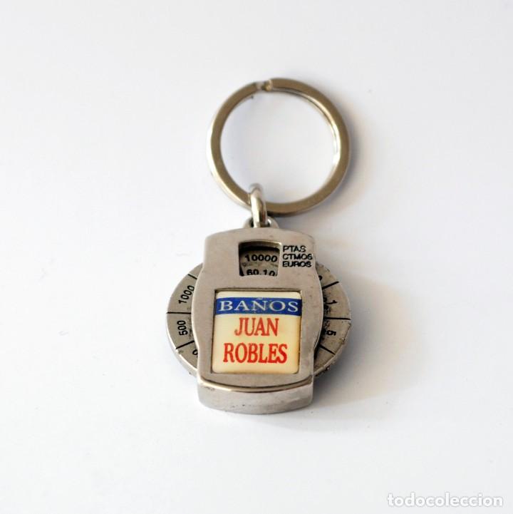Coleccionismo de llaveros: Llavero conversor Euros - Pesetas. Publicidad Ba&ntilde;os Juan Robles, Elche. De metal. Mide 3,5 cm de d.