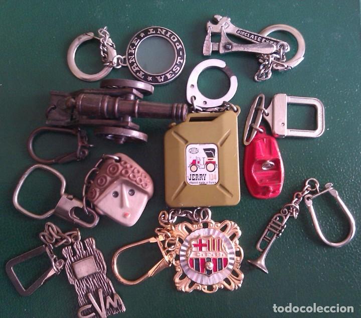 Coleccionismo de llaveros: Lote 9 Llaveros variados. Ca&ntilde;on Bucanero, Escudo F.C.Barcelona, Tanke West Point, Trompeta