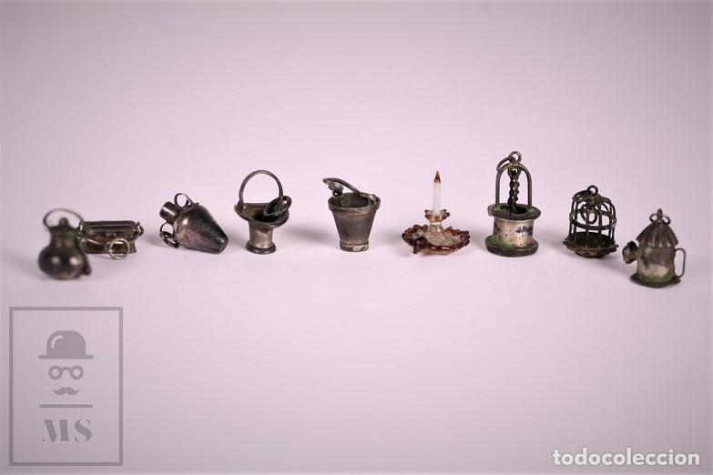 Coleccionismo de llaveros: Conjunto de Colgantes Vintage en Miniatura de Plata + Porta Velas Cristal - Tetera, jarr&oacute;n, jaula