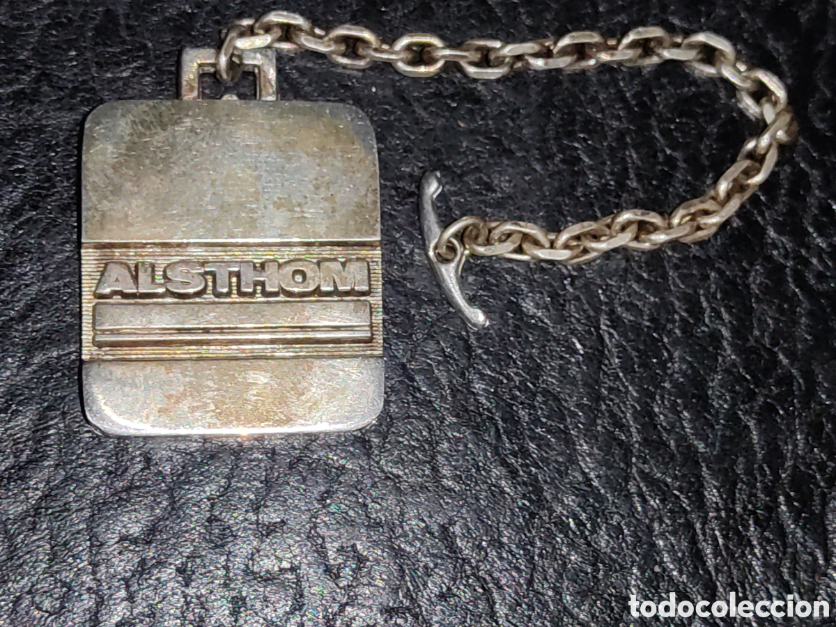 Coleccionismo de llaveros: Llavero de cadena macizo de metal plateado Alsthom.Vintage.