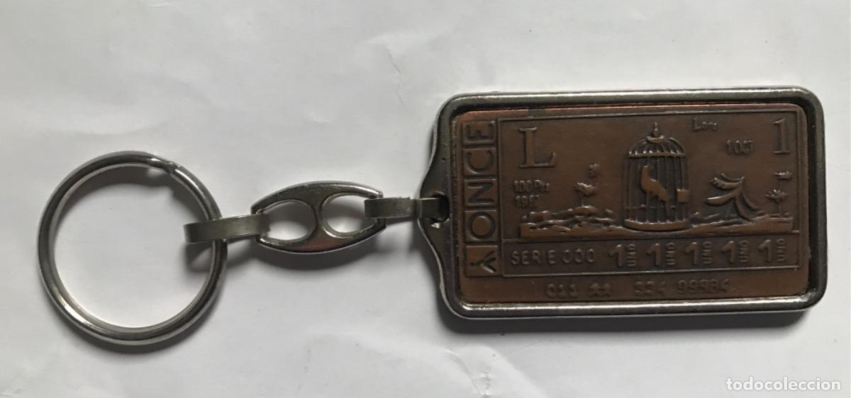 Sammlung von Schl&uuml;sselanh&auml;ngern: Llavero ONCE met&aacute;lico. Cup&oacute;n