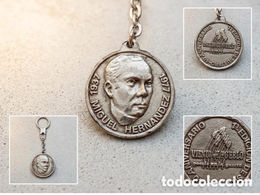 Coleccionismo de llaveros: Llavero Medalla Miguel Hern&aacute;ndez. 40 Aniv. Viento del Pueblo (1937-1977). 4cm.