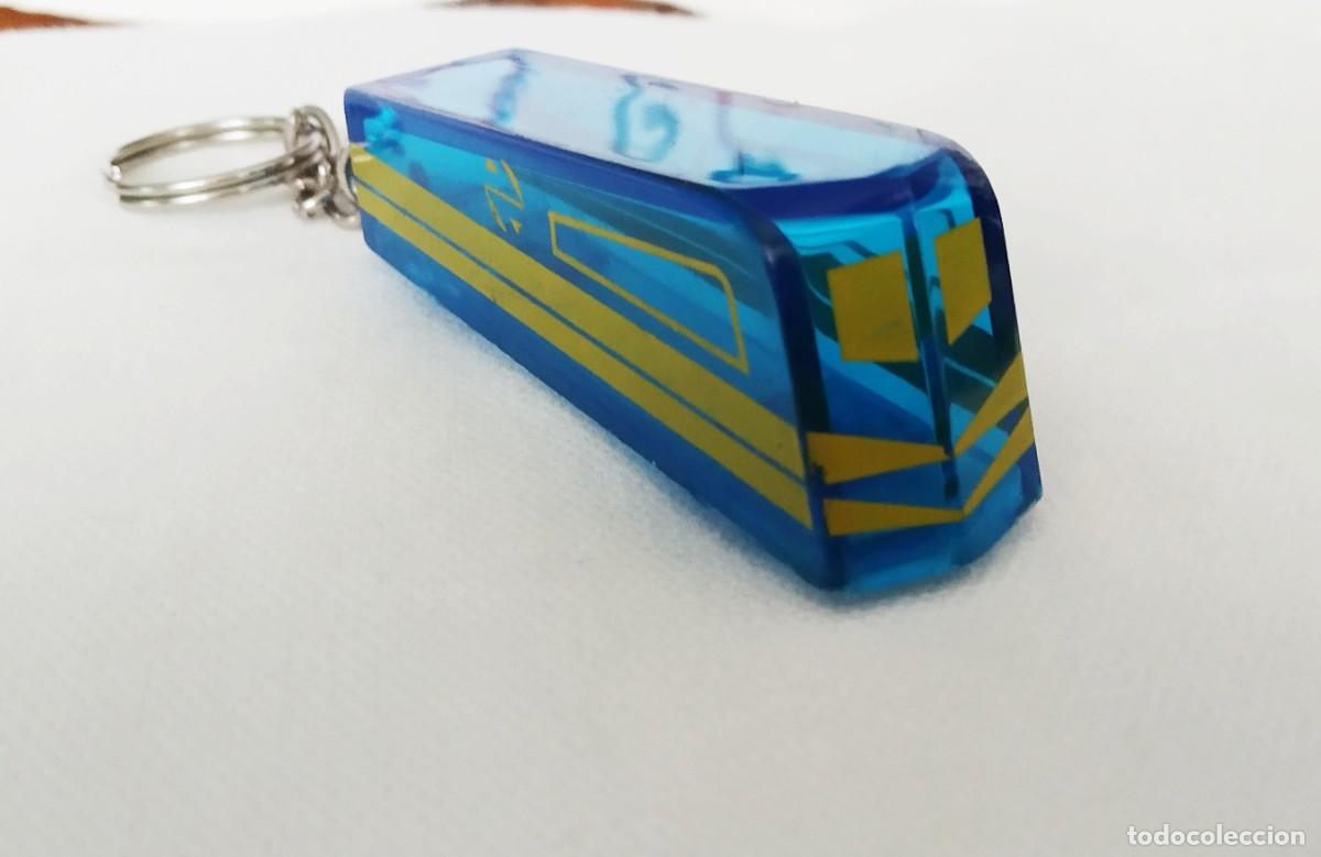 Collectionnisme de portes-cl&eacute;s: Llavero locomotora antigua Renfe transl&uacute;cida en tonos azules con el logo antiguo a&ntilde;o 1971-72