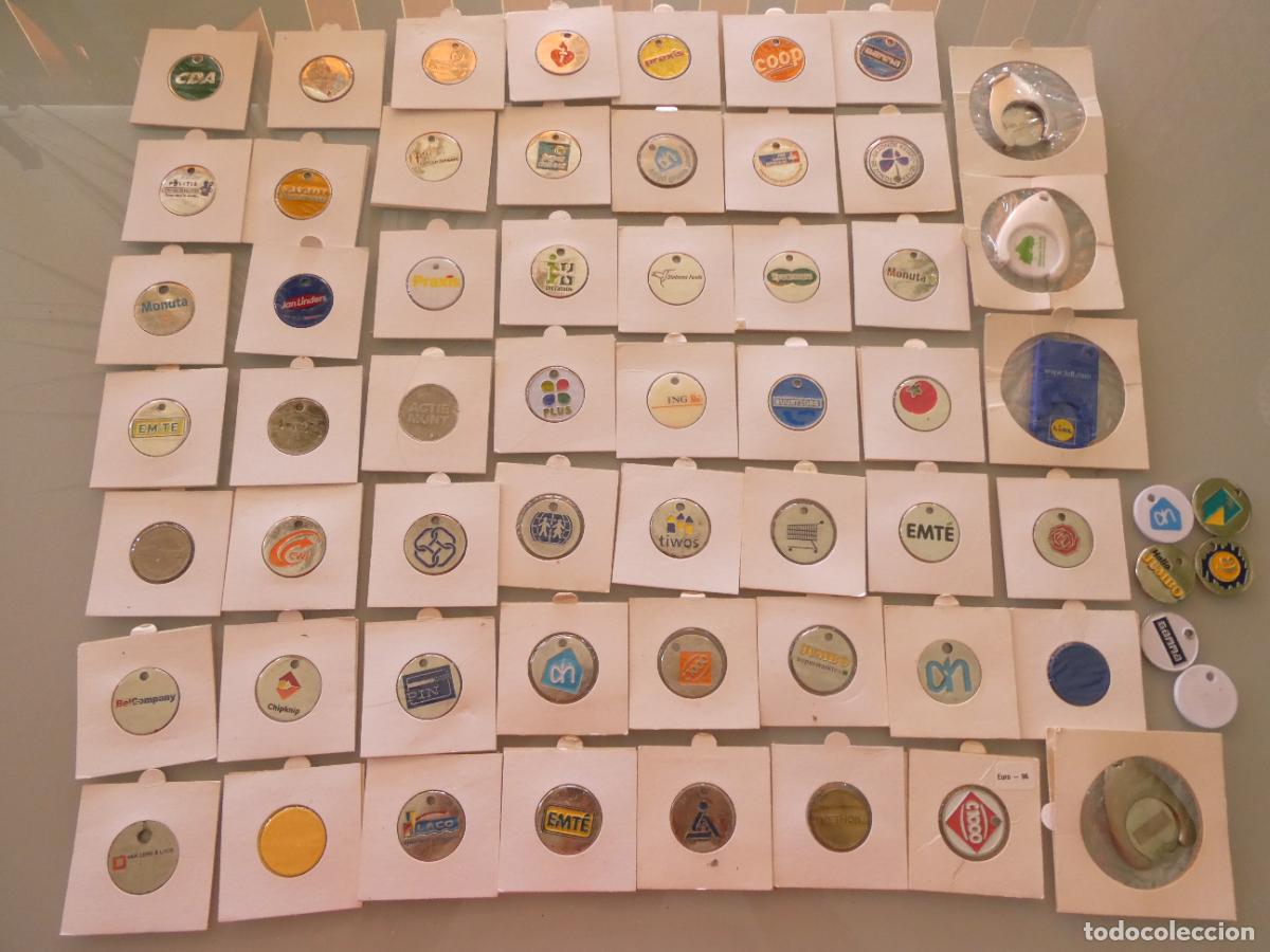 Coleccionismo de llaveros: LOTE DE 60 FICHAS MONEDAS LLAVEROS CARRO CARRITO SUPERMERCADO. MAYOR&Iacute;A EN BLISTER.500GR