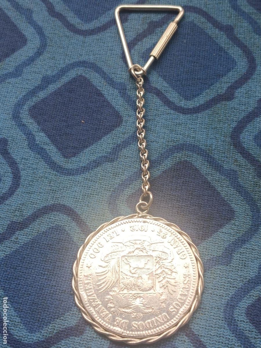 Coleccionismo de llaveros: Excelente llavero &iacute;ntegro de plata. Moneda de 5 bol&iacute;vares, bol&iacute;var fuerte Venezuela 1912