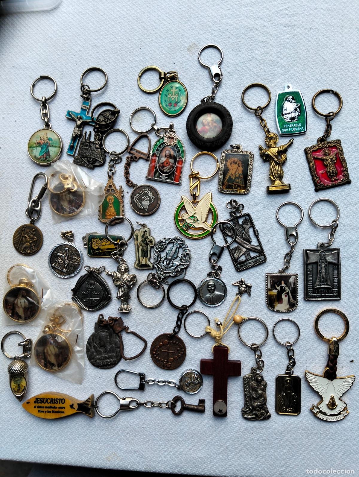 Collectionnisme de portes-cl&eacute;s: Lote de llaveros antiguos metal plateado y dorado religiosos Jes&uacute;s cristianismo jesucristo medallas