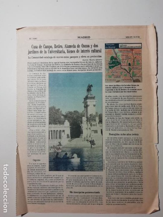 Colecionismo de Los Domingos de ABC: Recorte Casa de Campo Retiro Alameda de Osuna y 2 jardines de la Universitaria BIC 1998 Urbanismo