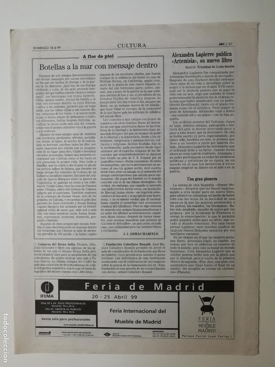 Colecionismo de Los Domingos de ABC: Botellas a la mar con mensaje dentro Armas Marcelo Alexandra Lapierre Artemisia Gentileschi ABC 1999