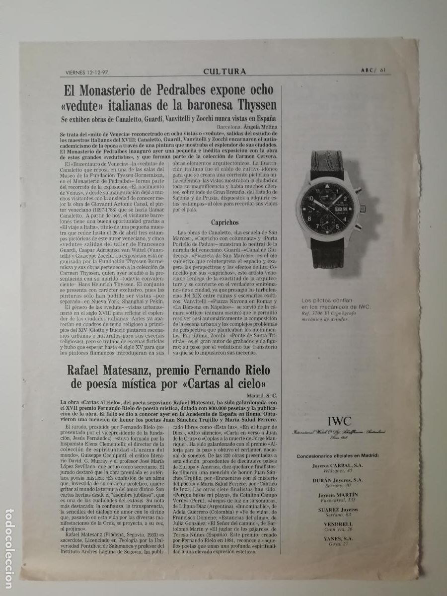 Colecionismo de Los Domingos de ABC: Expo Vedute italianas Pedralbes Presentaci&oacute;n Fundaci&oacute;n Autor R. Matesanz Cartas al cielo ABC 1997