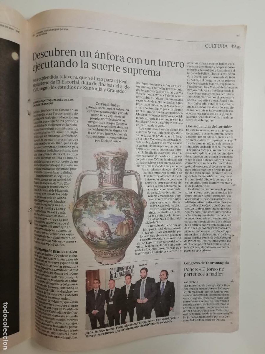 Colecionismo de Los Domingos de ABC: Descubrimiento &aacute;nfora iconograf&iacute;a taurina suerte matar cer&aacute;mica Talavera Archivo Salamanca ABC 2018