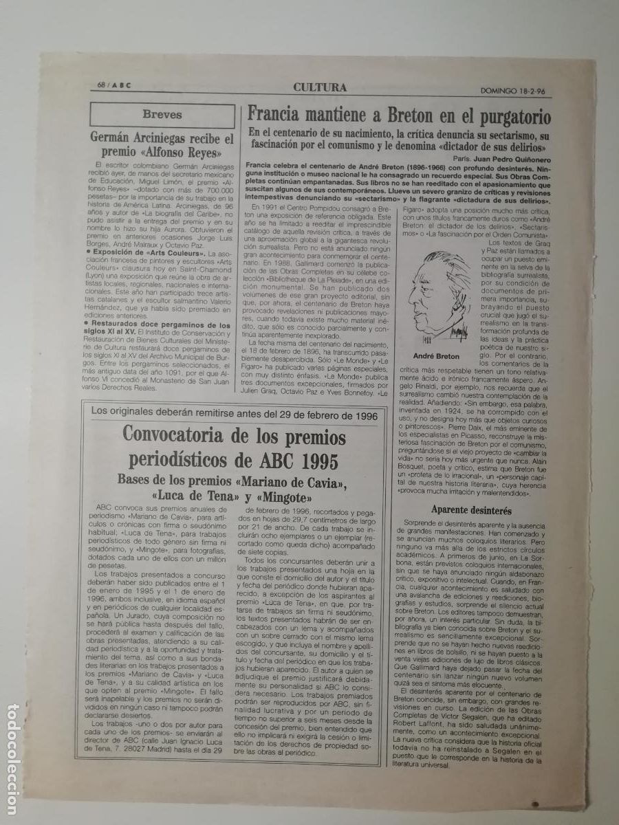 Colecionismo de Los Domingos de ABC: Andr&eacute; Breton Giovanni Battista Ti&eacute;polo Germ&aacute;n Arciniegas Premio Alfonso Reyes ABC 1996