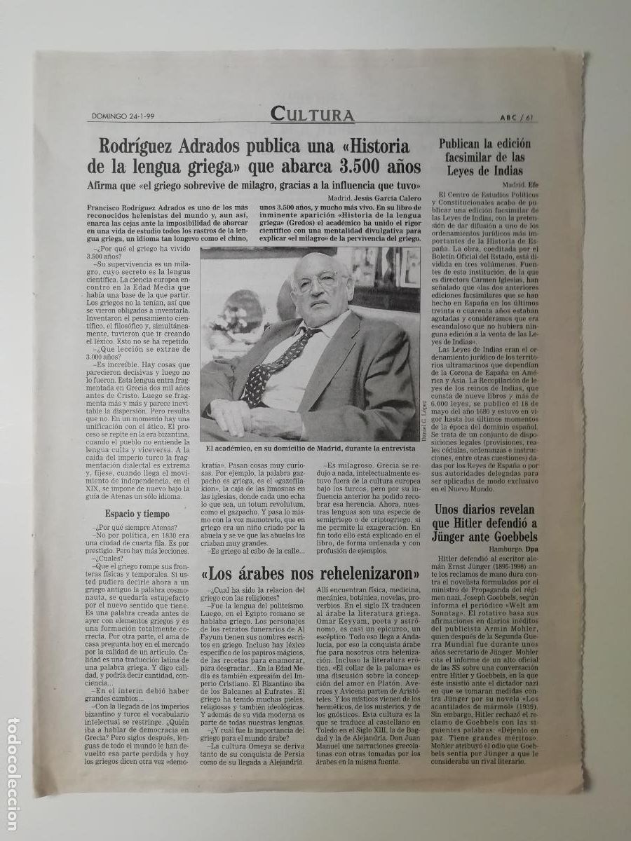 Colecionismo de Los Domingos de ABC: Historia lengua griega Rodr&iacute;guez Adrados Giraldillo Catedral Sevilla Las culpas del poeta ABC 1999