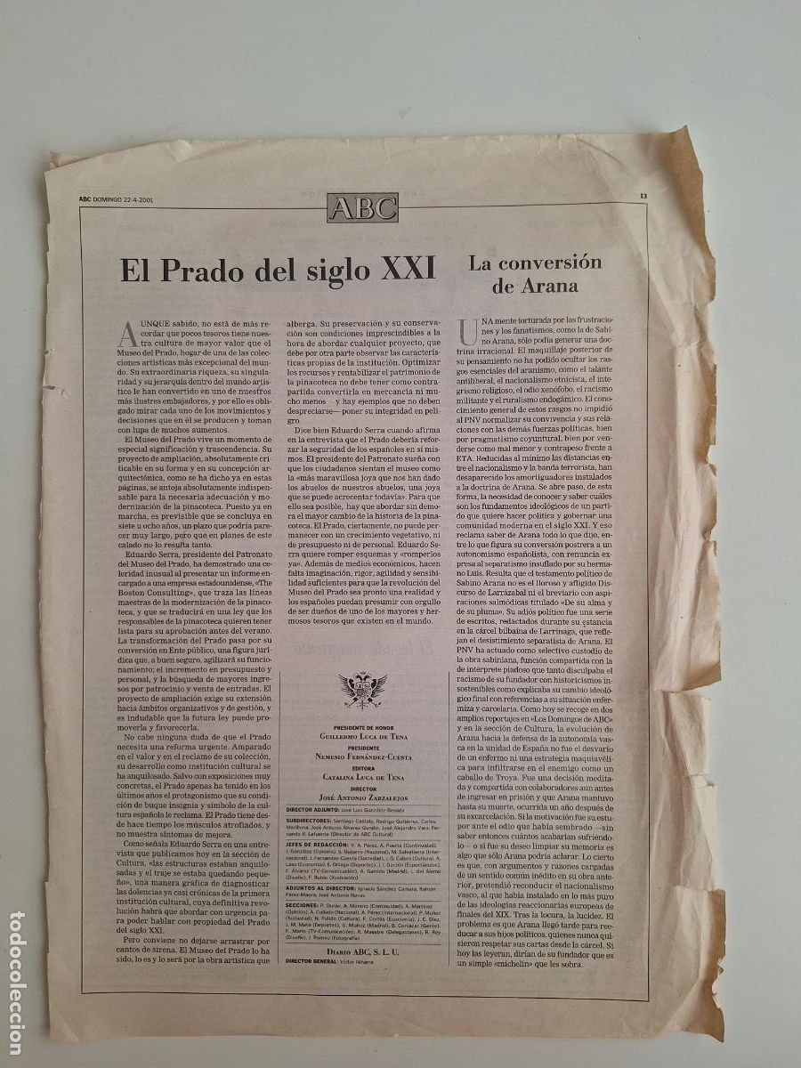 Colecionismo de Los Domingos de ABC: Editorial El Prado del Siglo XXI Museo Nacional del Prado Madrid ABC 2001