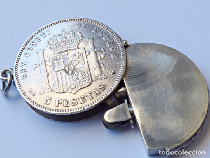 Isqueiros: MECHERO TODO EN PLATA, HECHO CON UNA MONEDA DE 5 PESETAS DE ALFONSO XIII DEL A&Ntilde;O 1898
