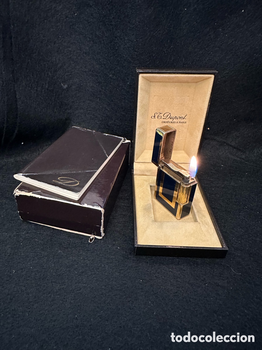 Mecheros: MECHERO/ENCENDEDOR A GAS S.T DUPONT LIGNE 1 CORTO DE LOS A&Ntilde;OS 80 PLAQUE ORO Y LACADO EN AZUL