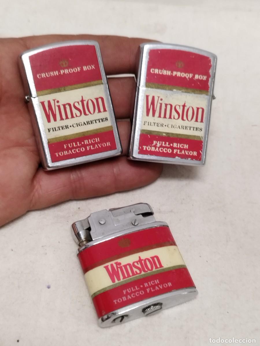 Mecheros: Lote de 3 Mecheros, encendedores publicidad tabaco Winston. Dos tipo Zippo. Sin probar.
