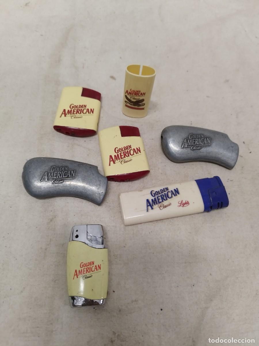 Mecheros: Lote de Mecheros, encendedores y funda para paquete. Publicidad tabaco Golden America.Sin probar.
