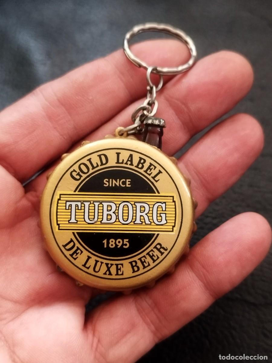 Mecheros: llavero vintage publicitario, forma de chapa de botella de cerveza danesa Tuborg Gold Label Deluxe.