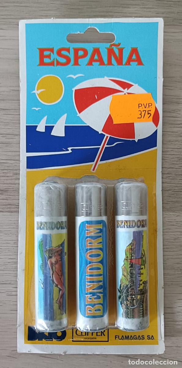 Mecheros: Bl&iacute;ster sin abrir 3 Mecheros CLIPPER, Benidorm, Espa&ntilde;a, Rosca o rascador Redondo, No Regulables