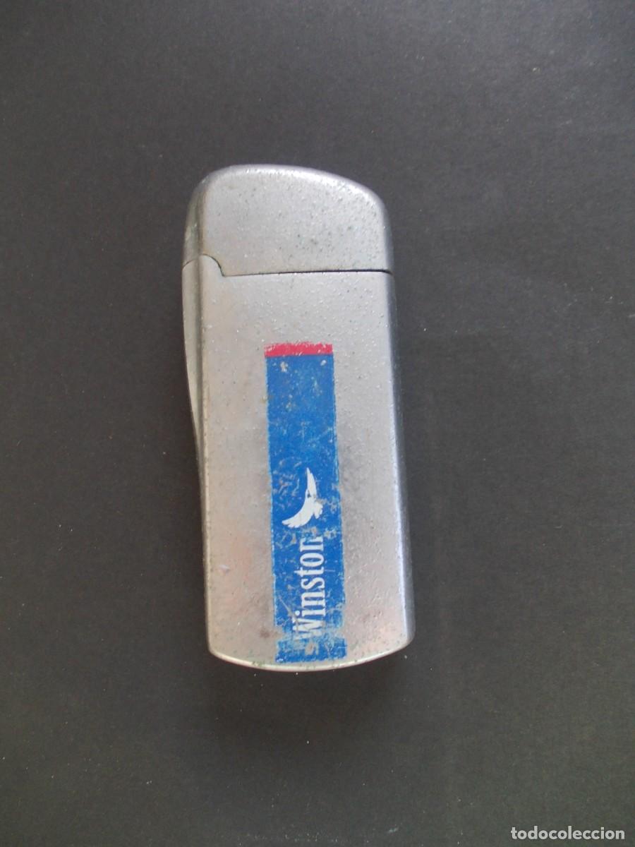 Briquets: Mechero Encendedor Publicidad Tabaco Winston V3i De Boton Recargable Gas Tapa Metalico Plateado