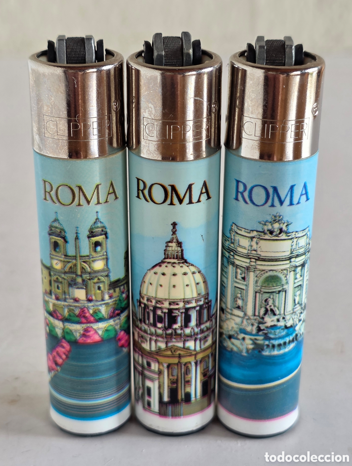 Mecheros: 3 Encendedores Clipper Roma Ciudad Capital Italia Plaza Espa&ntilde;a Bas&iacute;lica San Pedro Fontana di Trevi